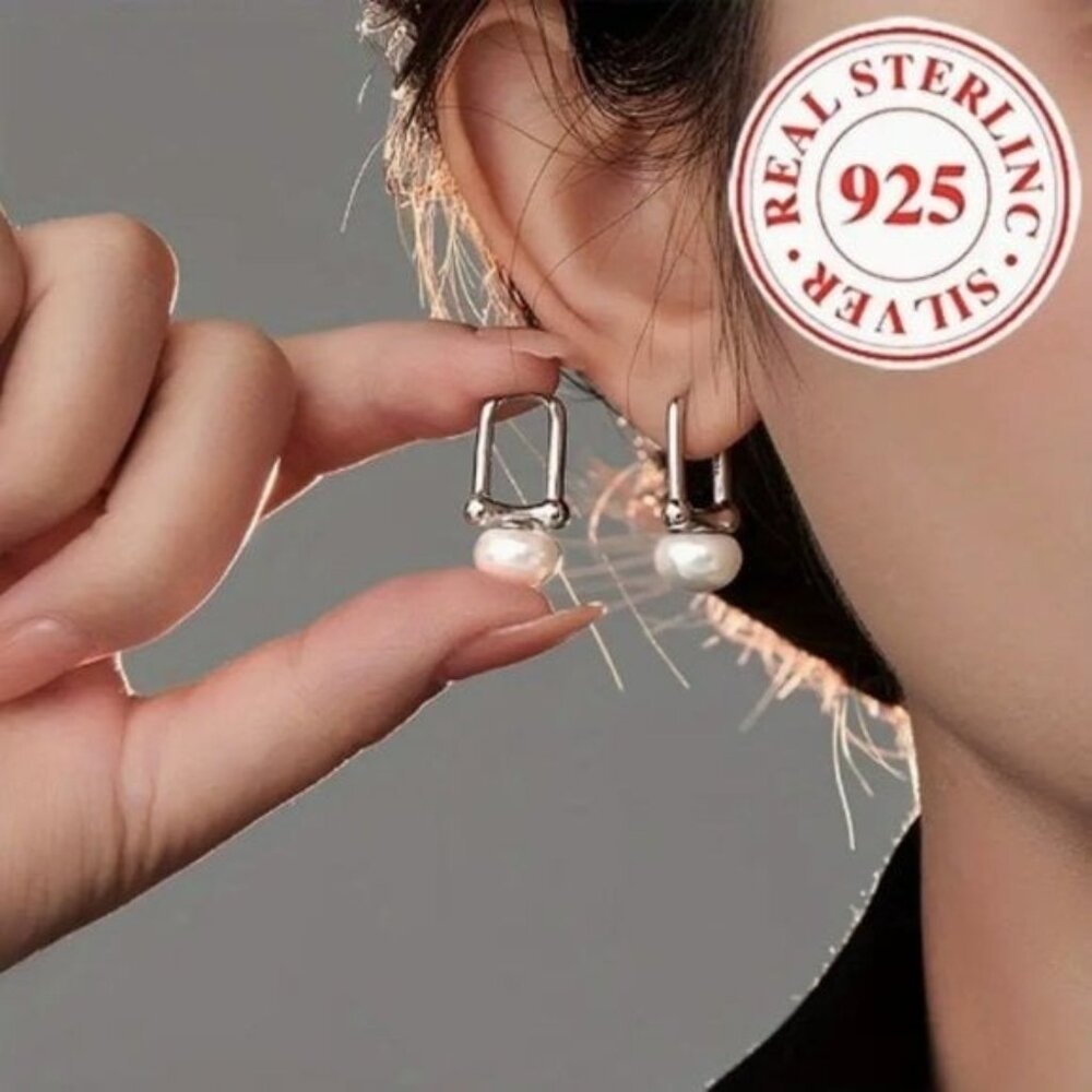 925 Sterling Silver Faux Pearl Earrings - Picture 2 of 2